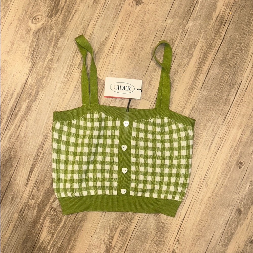 NWT New Cider Green Checkered Knit Crop Top Sz XS Heart Buttons